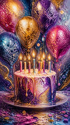 a birthday cake with lit candles surrounded by balloons and confetti, festive vertical composition, no text