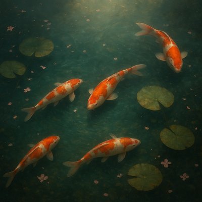 A koi pond seen from above, orange and white koi fish swimming among lily pads, clear water with subtle ripples, fallen cherry blossom petals floating on the surface, dappled sunlight