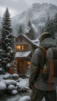 a snow-covered cottage with warm glowing windows beside a decorated pine tree, gentle snowfall, no text