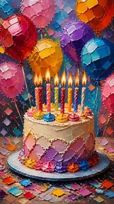 a birthday cake with lit candles surrounded by balloons and confetti, festive vertical composition, no text