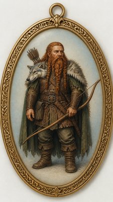 full-body original character: a dwarven ranger with a braided auburn beard, worn leather armor, a longbow and a wolf-pelt cloak, neutral background, no text