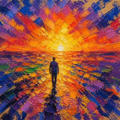 a solitary figure walking toward a glowing horizon across an empty plain, moody atmosphere, no text or lettering
