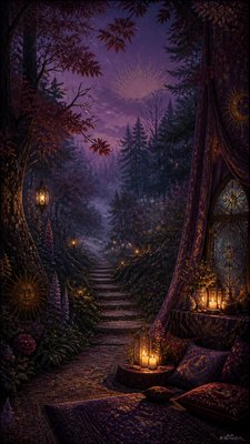 a mysterious forest path with fireflies and drifting mist, atmospheric vertical composition with open space at the top, no text