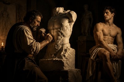 Michelangelo carving a front torso with an athlete sitting for him