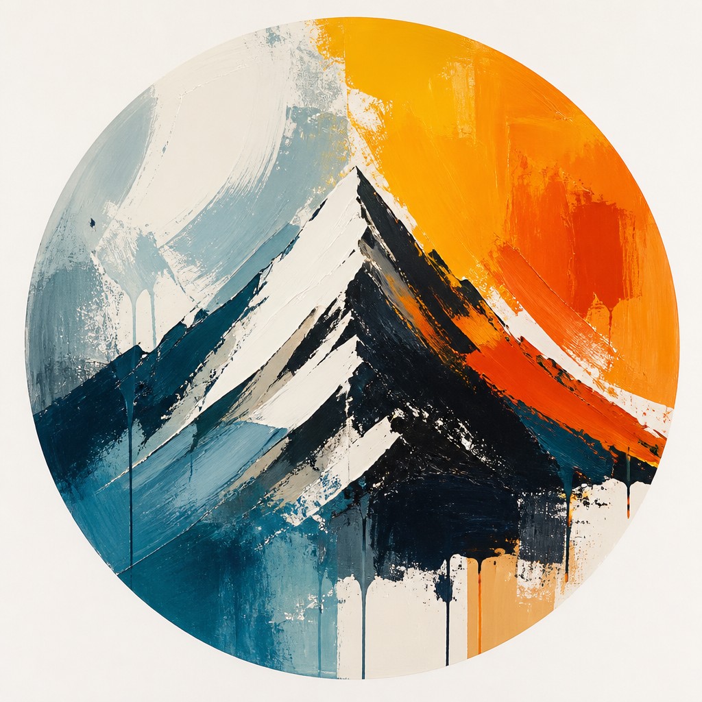 an emblem of a mountain peak inside a circle, simple bold shapes on a plain background, no text or lettering