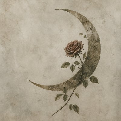 a rose entwined with a crescent moon, clean balanced composition on a plain background, no text