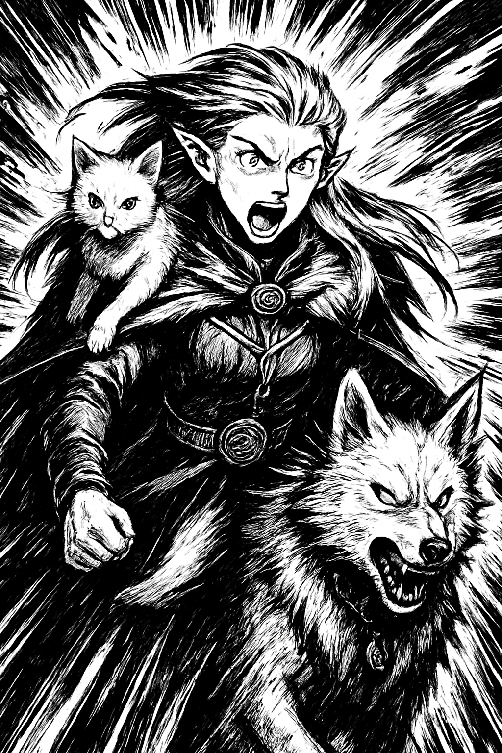 a black and white drawing of a woman and two cats