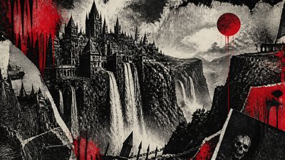 a cliffside city with waterfalls cascading into a misty canyon, wide establishing shot, no people, no text