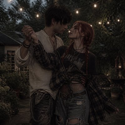 an original couple dancing under string lights in a garden at dusk: a man with short black hair in a linen shirt and a woman with braided red hair in a summer dress