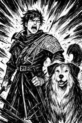 a painting of a man and a dog