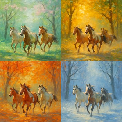 Horses galloping through a forest of trees with colorful fall leaves falling. 