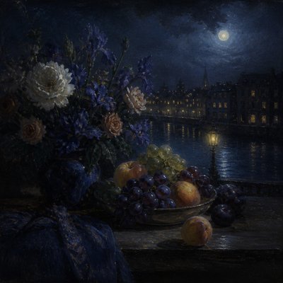 still life arrangement of fruits and flowers