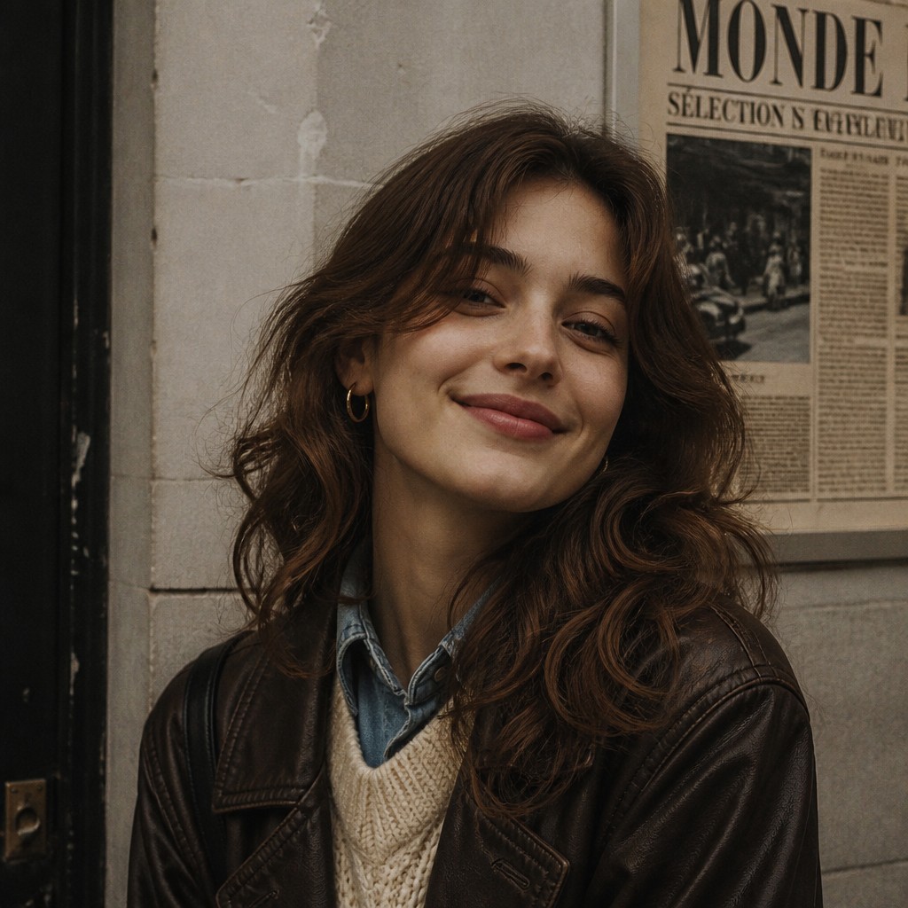 head-and-shoulders portrait of an original character: a young woman with wavy chestnut hair and a warm smile, plain soft backdrop
