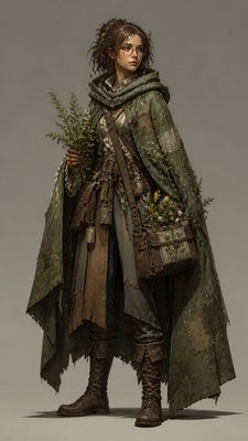 full-body original character: a wandering botanist with a satchel of plants, a patched green cloak, tall boots and round glasses, neutral background