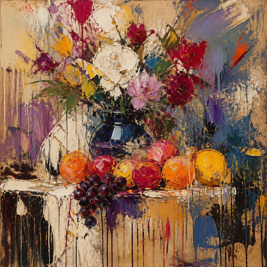 still life arrangement of fruits and flowers