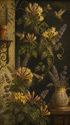 a climbing vine of flowers and hummingbirds on a dark background, tall wrapping composition, no text