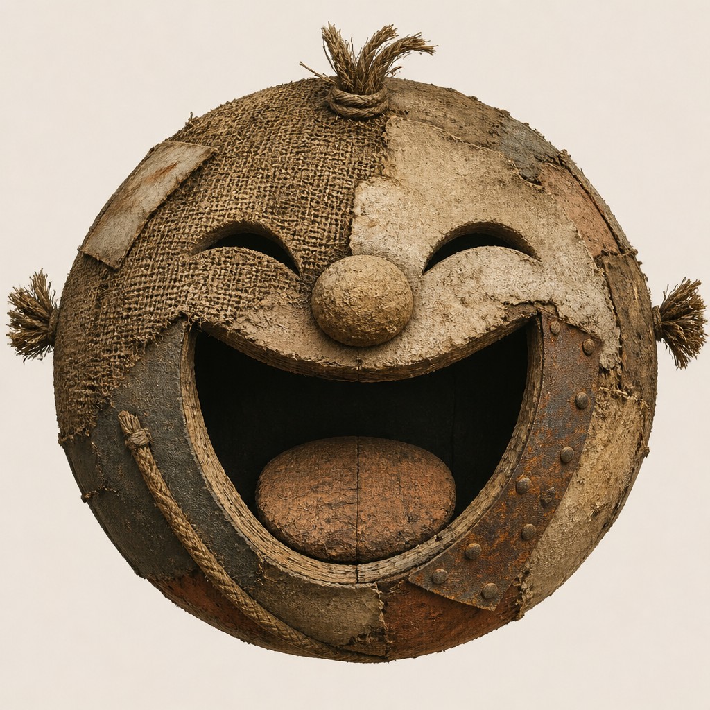 an exaggerated laughing face of an original round mascot character, bold and readable at small size, plain background, no text