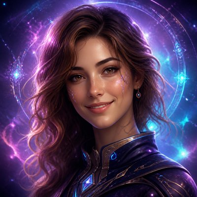 head-and-shoulders portrait of an original character: a young woman with wavy chestnut hair and a warm smile, plain soft backdrop