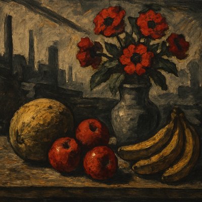 still life arrangement of fruits and flowers