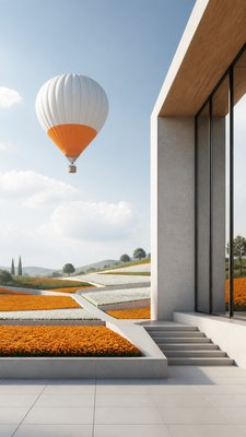 a hot air balloon drifting over rolling flower fields on a sunny day, cheerful, no text