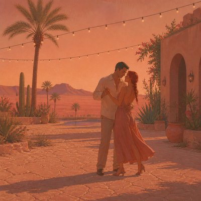 an original couple dancing under string lights in a garden at dusk: a man with short black hair in a linen shirt and a woman with braided red hair in a summer dress