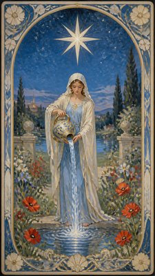 a robed figure pouring water beneath a large eight-pointed star in a night sky, symmetrical composition with an ornate decorative border, no text
