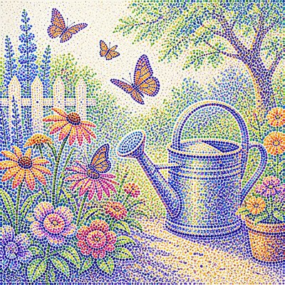 a garden scene with butterflies, flowers and a watering can, clean uncolored line art, no text