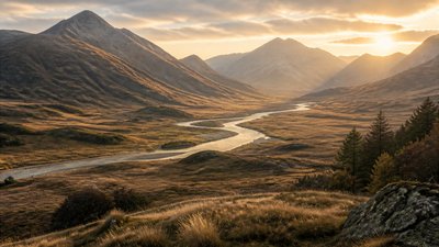 a vast valley with a river winding toward distant mountains at sunrise, no people, no text