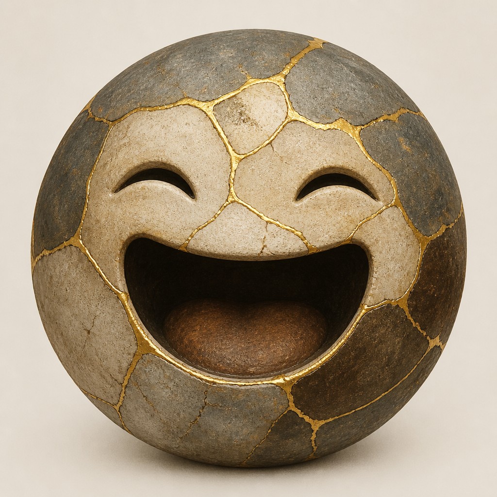 an exaggerated laughing face of an original round mascot character, bold and readable at small size, plain background, no text