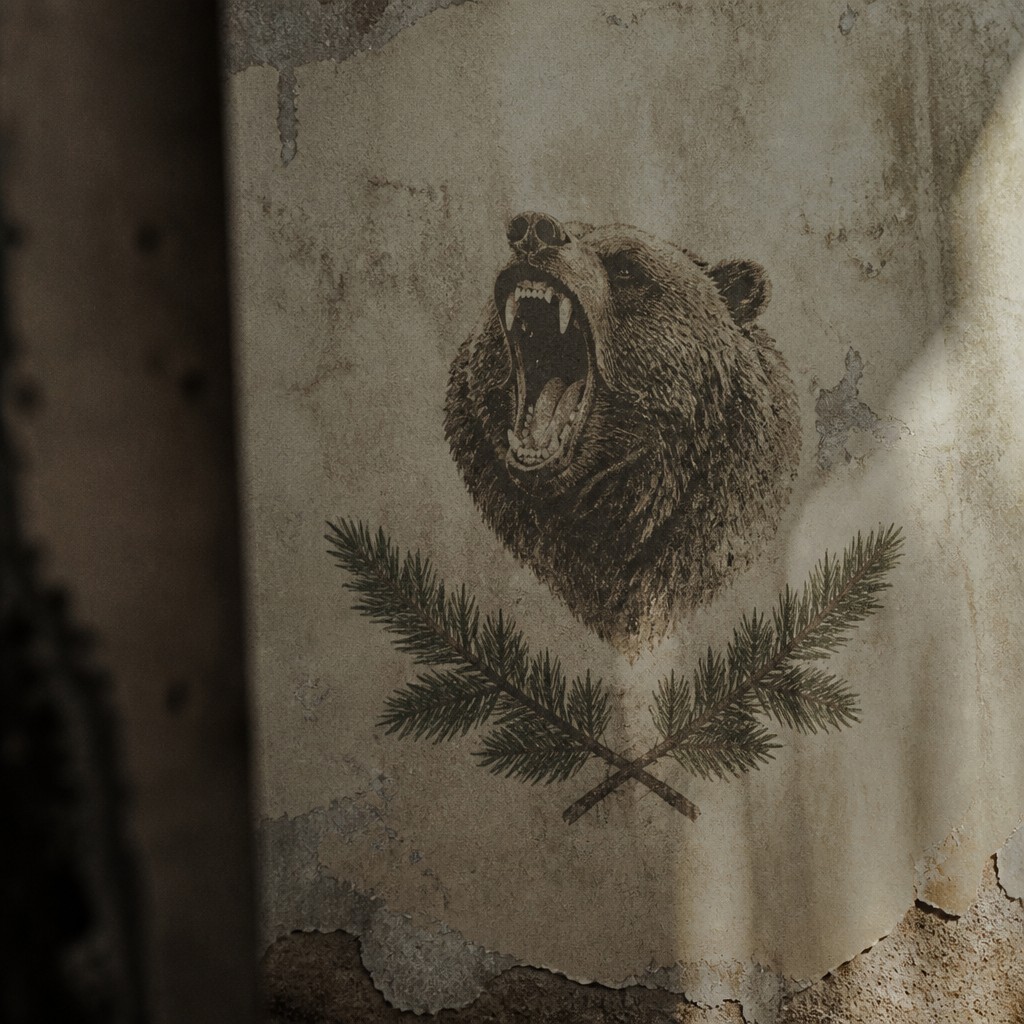 a roaring bear head above crossed pine branches, bold graphic composition on a plain background, no text
