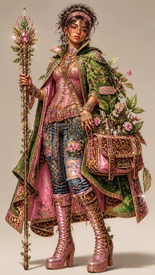 full-body original character: a wandering botanist with a satchel of plants, a patched green cloak, tall boots and round glasses, neutral background
