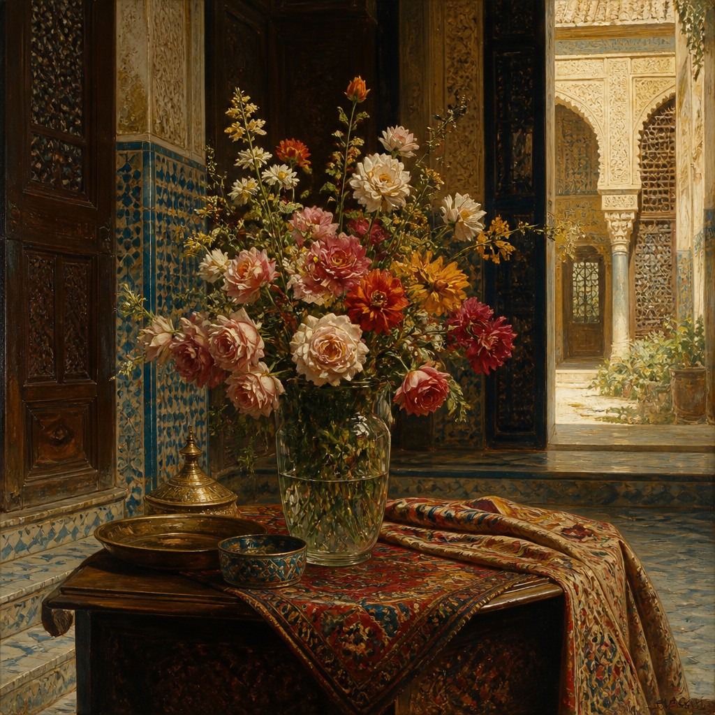 bouquet of flowers in a glass vase — Orientalist Painting Style