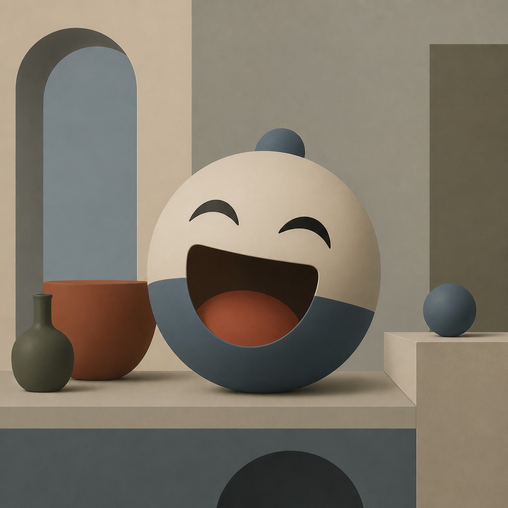 an exaggerated laughing face of an original round mascot character, bold and readable at small size, plain background, no text