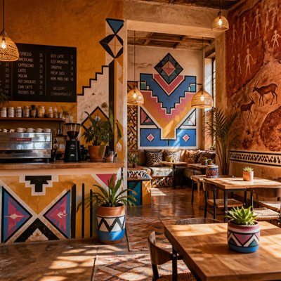 cozy cafe interior with warm lighting