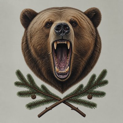 a roaring bear head above crossed pine branches, bold graphic composition on a plain background, no text