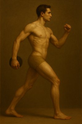 a painting of a man with a hat and no shirt