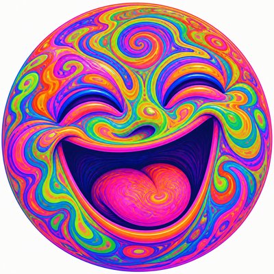 an exaggerated laughing face of an original round mascot character, bold and readable at small size, plain background, no text