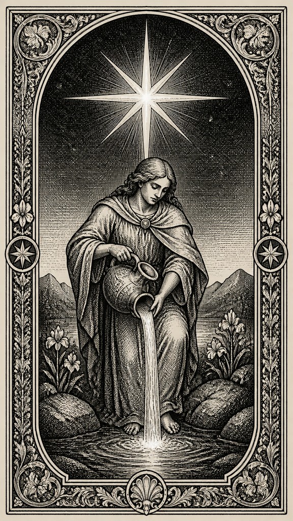 a robed figure pouring water beneath a large eight-pointed star in a night sky, symmetrical composition with an ornate decorative border, no text