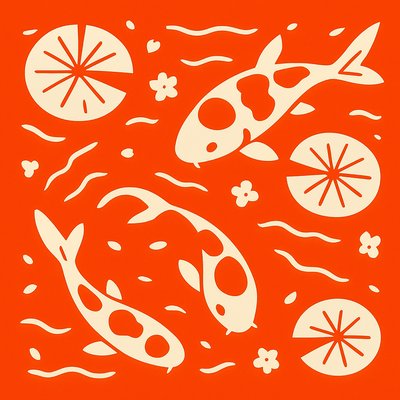 A koi pond seen from above, orange and white koi fish swimming among lily pads, clear water with subtle ripples, fallen cherry blossom petals floating on the surface, dappled sunlight