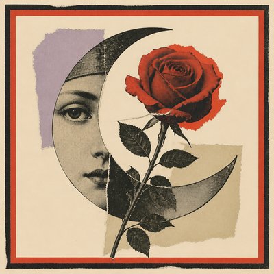 a rose entwined with a crescent moon, clean balanced composition on a plain background, no text