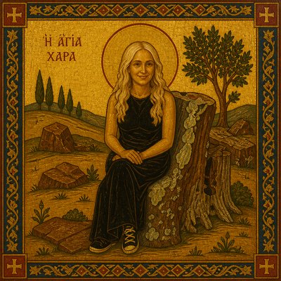 a painting of a woman sitting on a tree stump