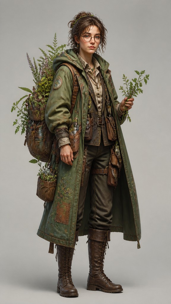 full-body original character: a wandering botanist with a satchel of plants, a patched green cloak, tall boots and round glasses, neutral background