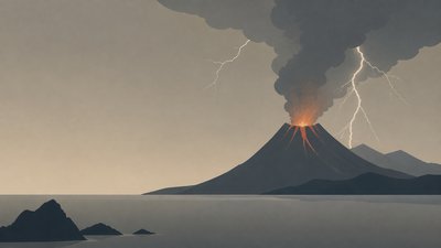 an erupting volcano with lightning strikes, dramatic wide composition, no text