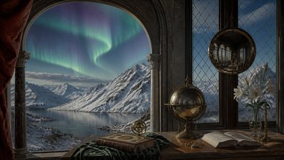 a flowing aurora over snowy peaks, wide sweeping composition, no people, no text
