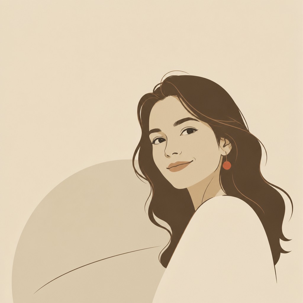 head-and-shoulders portrait of an original character: a young woman with wavy chestnut hair and a warm smile, plain soft backdrop