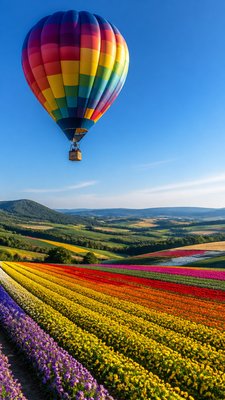 a hot air balloon drifting over rolling flower fields on a sunny day, cheerful, no text