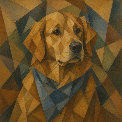 portrait of a golden retriever wearing a blue bandana, warm plain backdrop, no text