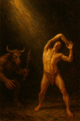 a painting of a man standing next to a demon