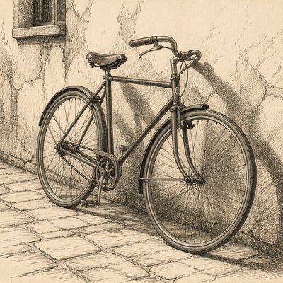 bicyle resting against a wall — Hatching Drawing Style