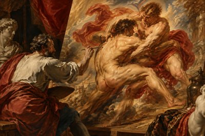Michelangelo painting two greek athletes wrestling